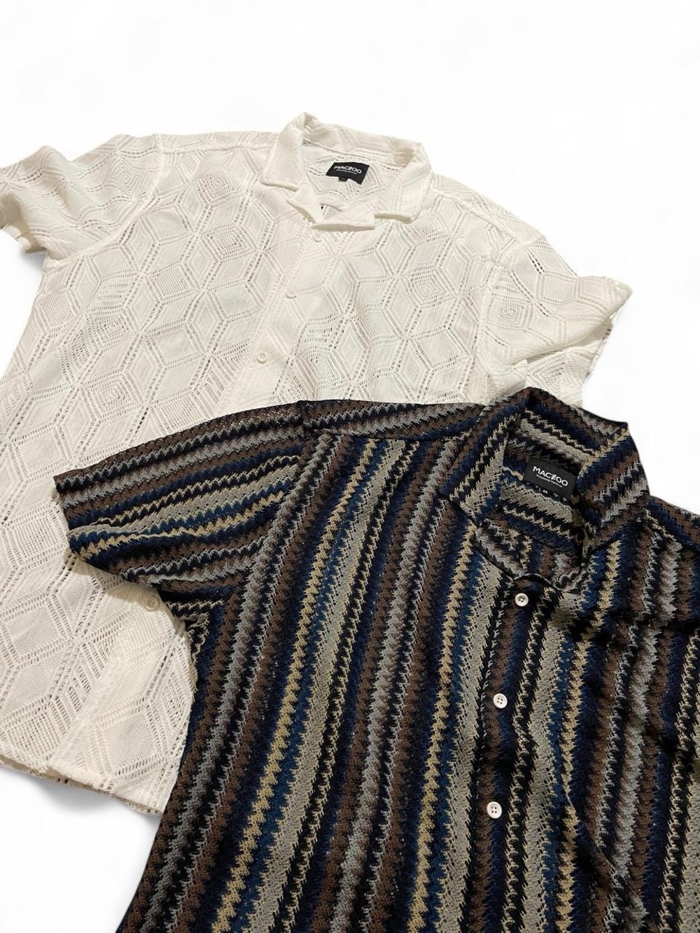 Maceoo Short-Sleeve Zigzag Stripe Button-Down Shirt - Navy & Cream